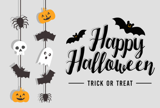 Happy Halloween Text Banner With Bat, Spider, Pumpkin And Ghost, Vector