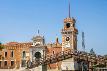 View on the venetian Arsenal in Castello region in Venice, Italy on a sunny day.