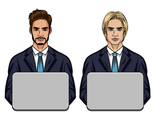 Vector colored illustration of an young guy sitting in the office in front of a computer. A business team of two men in a suit is working in the office isolated from white background