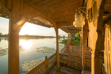 View from the traditional houseboat on Dal lake in Srinagar, Kashmir, India