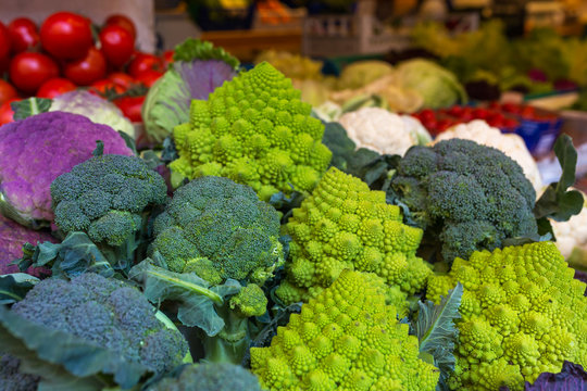 Broccoli, cauliflower and romanesco broccoli at the italian vegetable market