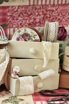 cotton lace trims and sewing accessories in vintage style interior