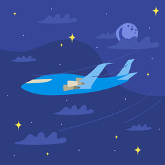 The plane flying in the night above the clouds, flat style illustration.