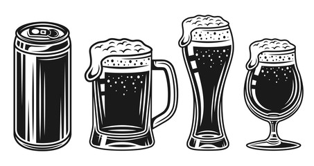 Beer glass, mug and can vector black objects set