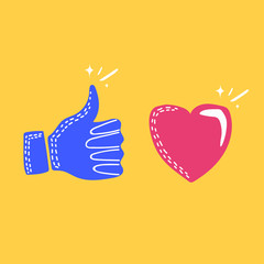 Thumbs up and heart icon on a yellow background, flat vector illustration.