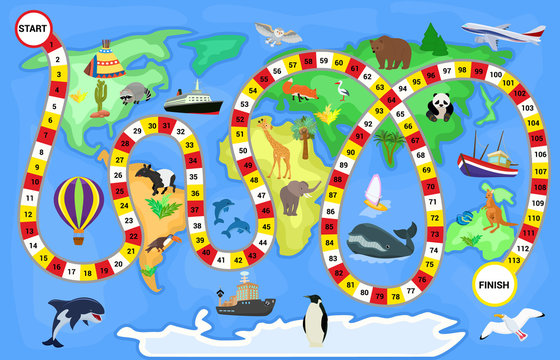 Board game vector cartoon kids boardgame on world map background with playing path or way starting in ocean and finishing in continent on children illustration
