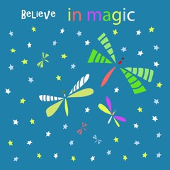 Doodle style vector illustration for cards, invitations. Dragonflies and stars