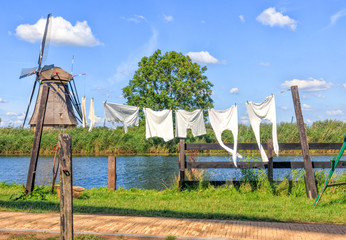 Obraz na płótnie Canvas Farmer Clothes Hanging Out To Dry At Kinderdijk, Netherlands