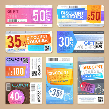 Discount coupons and gift vouchers. Vector promotional materials templates