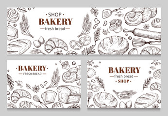 Vintage bakery banners with sketched bread vector set - obrazy, fototapety, plakaty