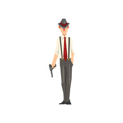 Gangster criminal character in fedora hat with revolver vector Illustration on a white background