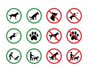 Dog forbidden signs. Dogs permission and restriction silhouette park vector signage