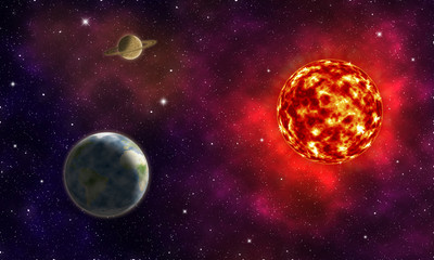 Imaginary space landscape with two planets, Earth and Saturn, near a glowing star / Imaginary space landscape with stars and two planets, Earth and Saturn, near a big glowing star with eruptions
