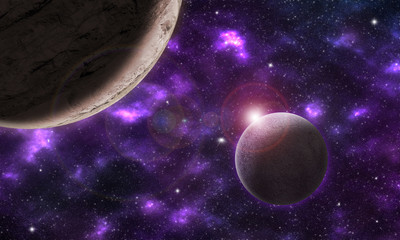 .Imaginary space landscape with two planets in a purple nebula / Illustration that portrays a fantastic cosmic scenario with two planets immersed in a purple atmosphere with flare generated by a star
