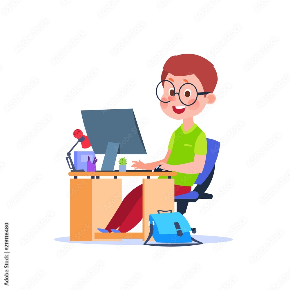 Poster child at computer. cartoon boy learning at desk with laptop. student studying code vector concept