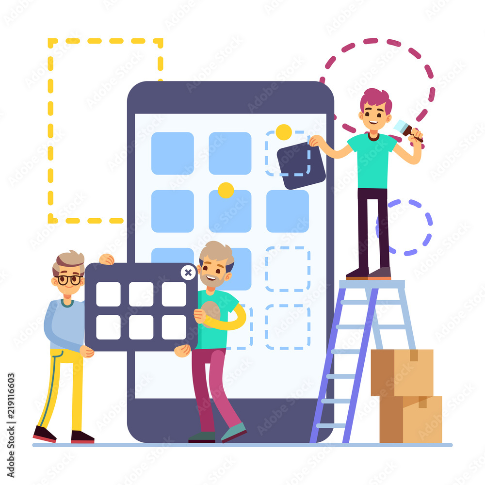 Poster people developing cellphone ui design. mobile phone app technology vector flat concept isolated on w