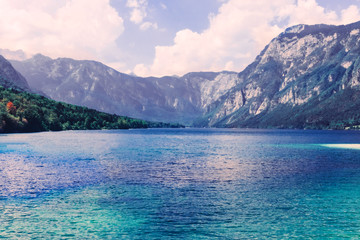 beautiful alpine blue lake 