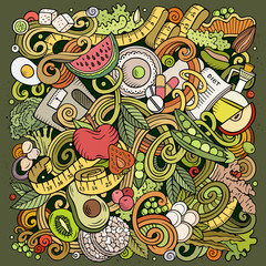Cartoon vector doodles Diet food illustration. Bright colors dietary funny picture
