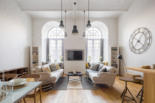 contemporary living room with tv" stock photo and royalty-free