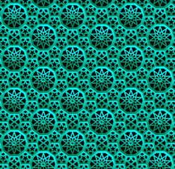 Arabian night: Indian/arabic turquoise lattice seamless ornament on dark green background with shadow