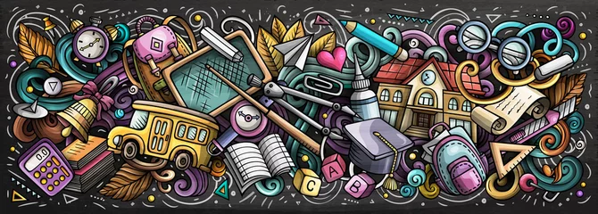 Zelfklevend Fotobehang Cartoon schattige doodles School banner ontwerp. Kleurrijke illustratie © balabolka