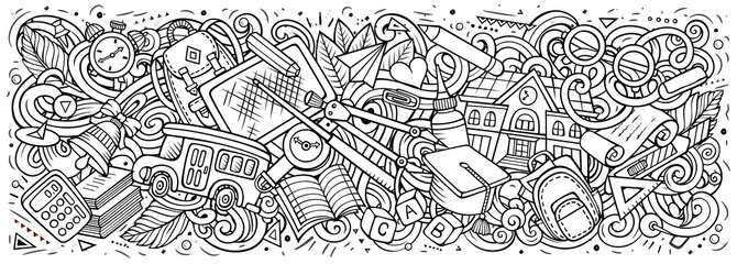 Naklejka premium Cartoon cute doodles School banner design. Colorful illustration