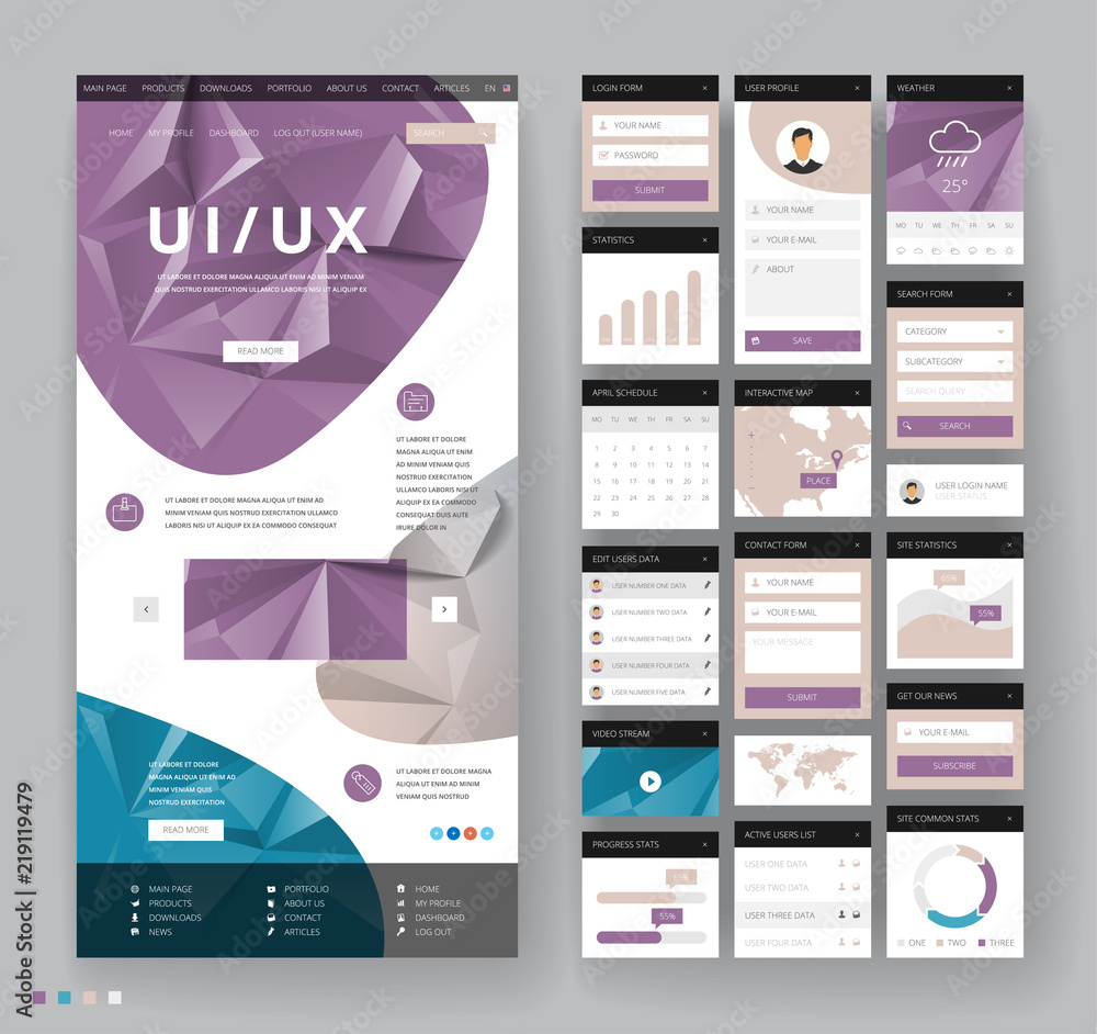 Poster website template design with interface elements