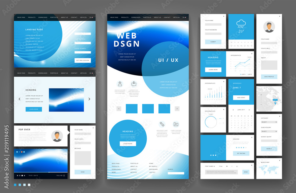 Wall mural website template design with interface elements
