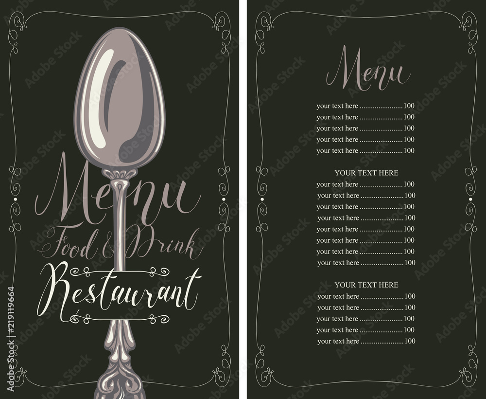 Poster vector template restaurant menu with price list, realistic spoon and handwritten inscriptions in fig