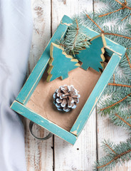 Old box with vintage Christmas handmade toys