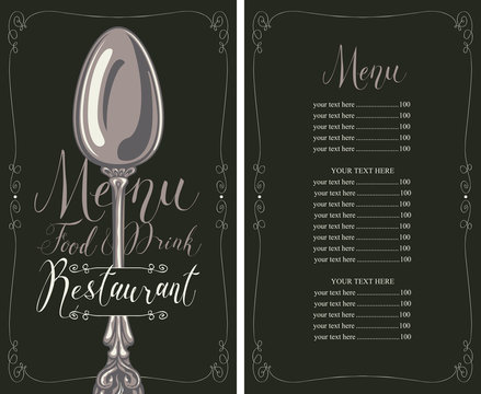 Vector template restaurant menu with price list, realistic spoon and handwritten inscriptions in figured frame with curls in retro style on black background