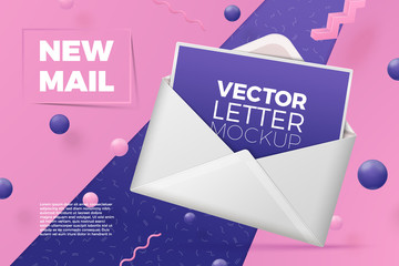 Vector 3d realistic abstract scene with open envelope and postcard.  Bright pink, violet and white background with geometric shapes.