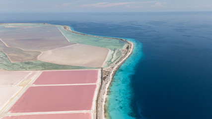 Fototapeta premium rose caribbean salt lake Bonaire island aerial drone top view