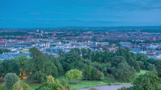 Aerial time lapse of city lights of Bristol, England, from Cabot Tower