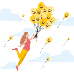 Illustration vector of young girl holding laugh balloon to fly on the sky.