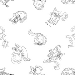 Seamless pattern of hand drawn sketch style funny cats isolated on white background. Vector illustration.
