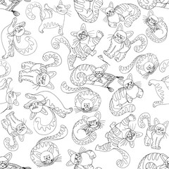 Seamless pattern of hand drawn sketch style funny cats isolated on white background. Vector illustration.