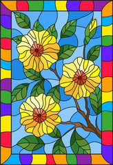 Illustration in stained glass style with a branch of a flowering plant with yellow flowers on a blue background in a bright frame,rectangular image
