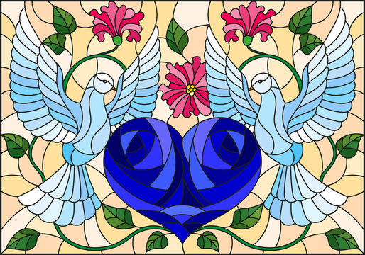 Illustration in stained glass style with a pair of pigeons and a blue heart against the sky and flowers