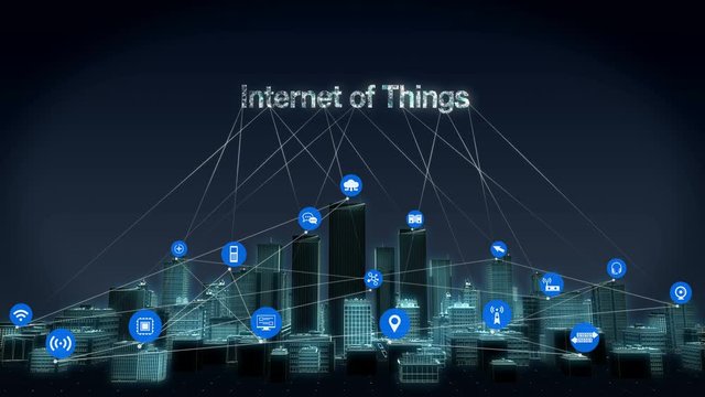 Forward moving,  Various sensor icon on Smart city, Smart Building connecting 'INTERNET OF THINGS' technology. 4k animation.