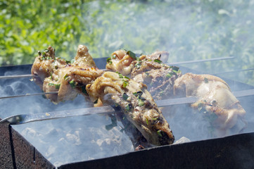 a shish kebab with greens is fried on skewers