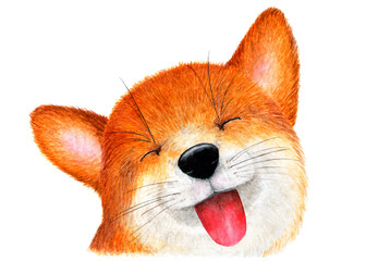 Fox is showing tongue. Watercolor illustration.
The smiling Fox stuck out her tongue. Fox enjoys life. Background for design, printing on paper, fabrics. Illustration for advertising.
