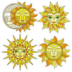 A set of stained-glass suns with faces on a white background isolates