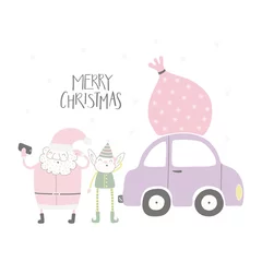 Keuken spatwand met foto Hand drawn vector illustration of a cute funny Santa Claus, elf taking selfie, with car, sack, quote Merry Christmas. Isolated objects on white background. Flat style design. Concept for card, invite. © Maria Skrigan
