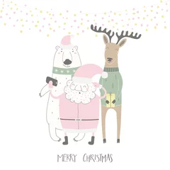Zelfklevend Fotobehang Hand drawn vector illustration of a cute funny Santa Claus, polar bear, deer taking selfie, with quote Merry Christmas. Isolated objects on white background. Flat style design. Concept card, invite. © Maria Skrigan