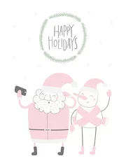 Hand drawn vector illustration of a cute funny Santa Claus, snowman taking selfie, with quote Happy holidays. Isolated objects on white background. Flat style design. Concept Christmas card, invite. © Maria Skrigan