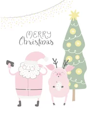  Hand drawn vector illustration of a cute funny Santa Claus, pig taking selfie, with quote Merry Christmas. Isolated objects on white background. Flat style design. Concept for Christmas card, invite. © Maria Skrigan