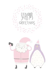 Zelfklevend Fotobehang Hand drawn vector illustration of a cute funny Santa Claus, penguin taking selfie, with quote Seasons greetings. Isolated objects on white background. Flat style design. Concept Christmas card, invite © Maria Skrigan