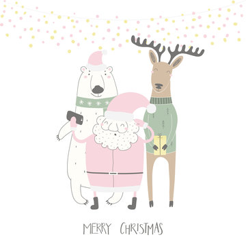 Hand drawn vector illustration of a cute funny Santa Claus, polar bear, deer taking selfie, with quote Merry Christmas. Isolated objects on white background. Flat style design. Concept card, invite.