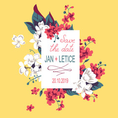 Save the date design with elegant leaves and flowers. Wedding floral invitation card. 